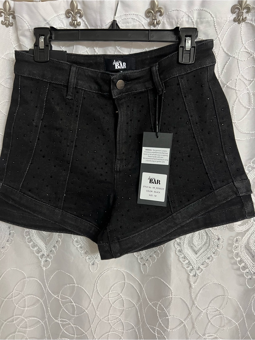 Ladies Black Embellished Denim Shorts by Risen/Bar